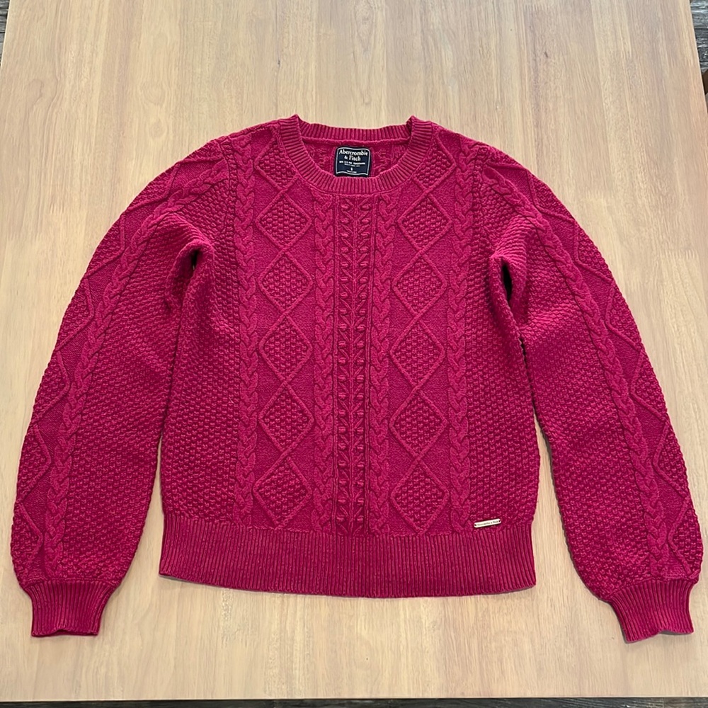 Abercrombie & Fitch Cable Knit Puff Sleeve Crewneck Sweater Dark Pink Size Small